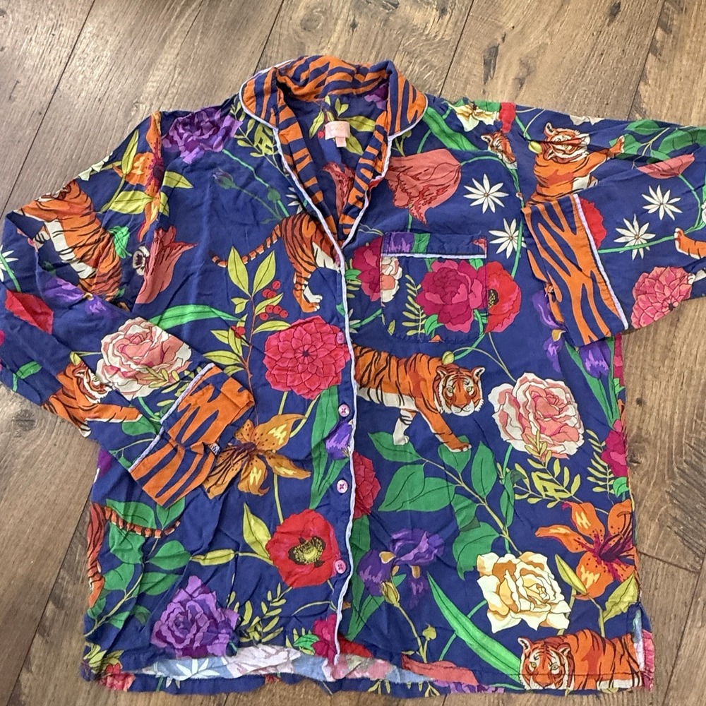 Powder Design Tiger Face Indigo Floral Pajama Set PJ's Pajamas Top Women's S - Picture 5 of 7